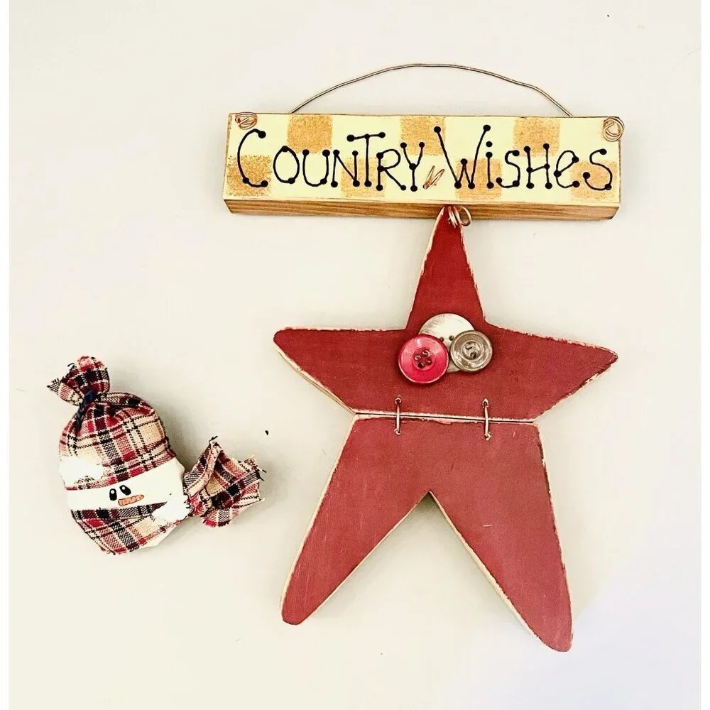 Primitive Wooden Star Country Wishes Wall Decor 9” & Fabric Snowman Pin Handmade